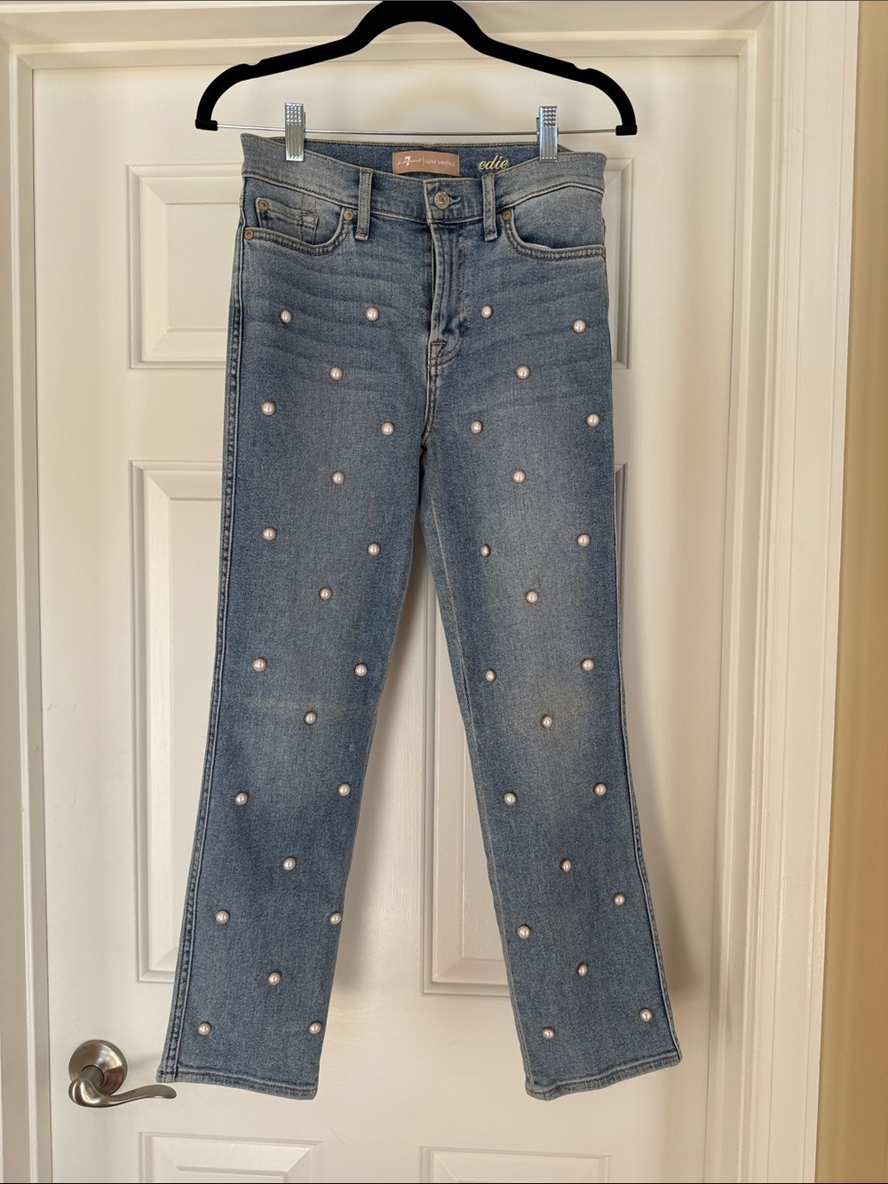 7 For All Mankind Light Blue Straight-Leg Jeans with Pearl Accents